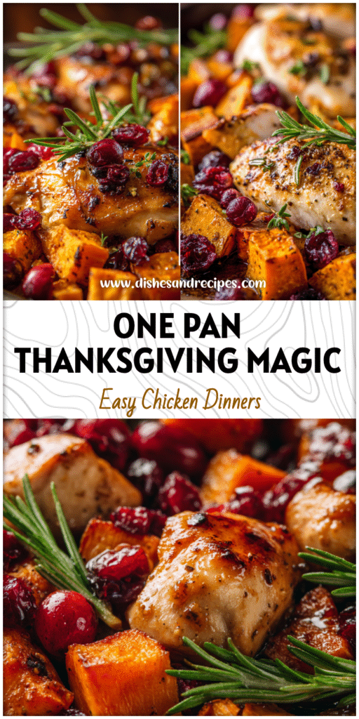 Roasted chicken with sweet potatoes and cranberries on a Thanksgiving Sheet Pan meal.